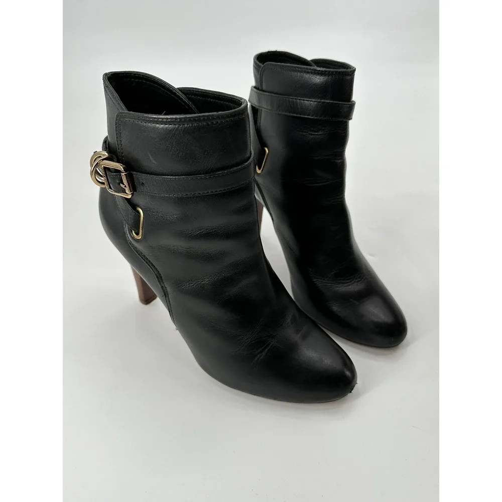 Tory Burch Amarina‎ Ankle Boots Equestrian Belted Heeled Leather Black Sz 8.5M